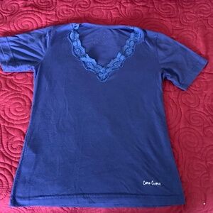 CARO CUORE Lace Trim Pajama Top Short Sleeve in Blue